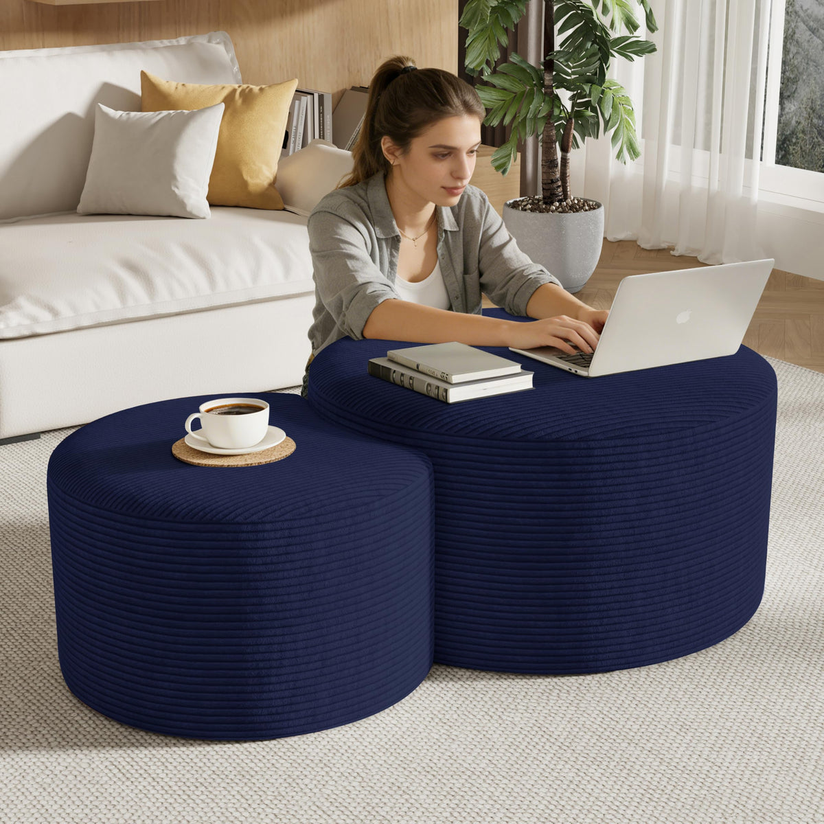 Round Nesting Coffee Table Set of 2,Upholstered Foam Ottoman Footrest Side Table Set,Modern Flannel Circle Coffee Table No Assembly for Living Room Entryway Bedroom,Black