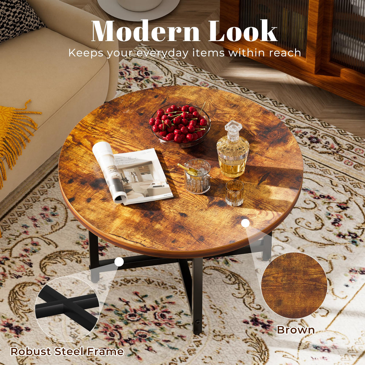 Coffee Tables for Living Room, 27.6" Round Coffee Table, Black Coffee Table