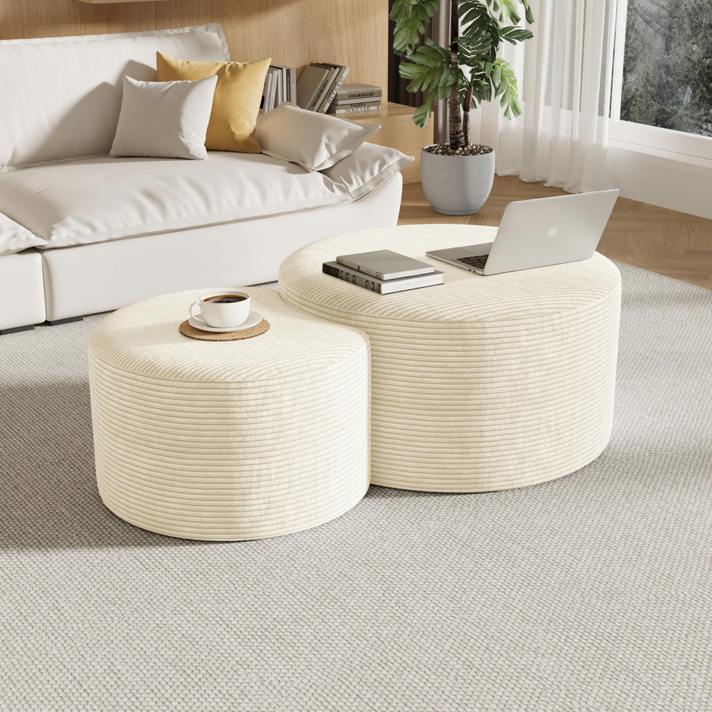 Round Nesting Coffee Table Set of 2,Upholstered Foam Ottoman Footrest Side Table Set,Modern Flannel Circle Coffee Table No Assembly for Living Room Entryway Bedroom,Black