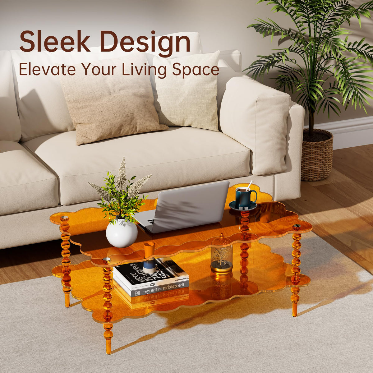 Acrylic Coffee Table, 2-Tier Living Room Table with Storage, Center Table Mid-Modern Century for Living Room, Easy to Assemble (Green, 37.8âÃ23.6âÃ15.7â)
