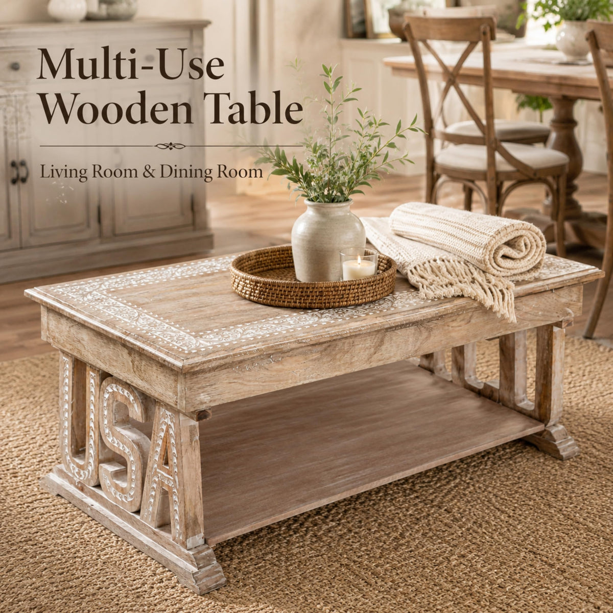 Farmhouse Coffee Table, Jali Carving, 36x24x18 in, Burnt
