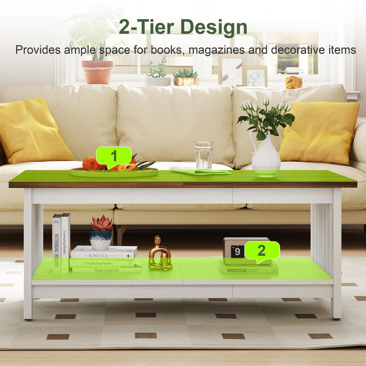 YOSHOOT 47.2" Farmhouse Coffee Table - Coffee Tables for Living Room, Small Coffee Table with Storage, Center Table for Living Room, Bedroom, Office, Black