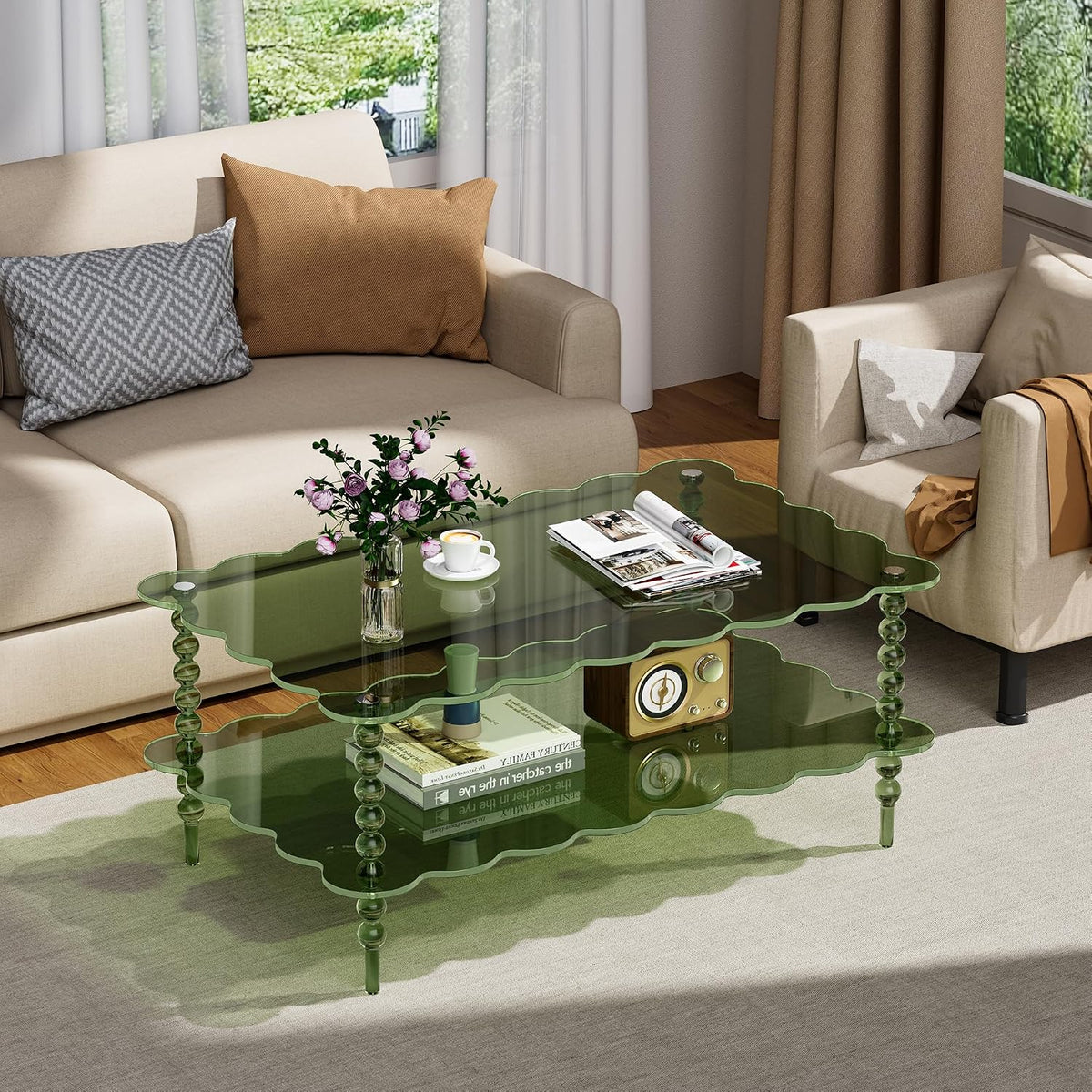 Acrylic Coffee Table, 2-Tier Living Room Table with Storage, Center Table Mid-Modern Century for Living Room, Easy to Assemble (Green, 37.8âÃ23.6âÃ15.7â)
