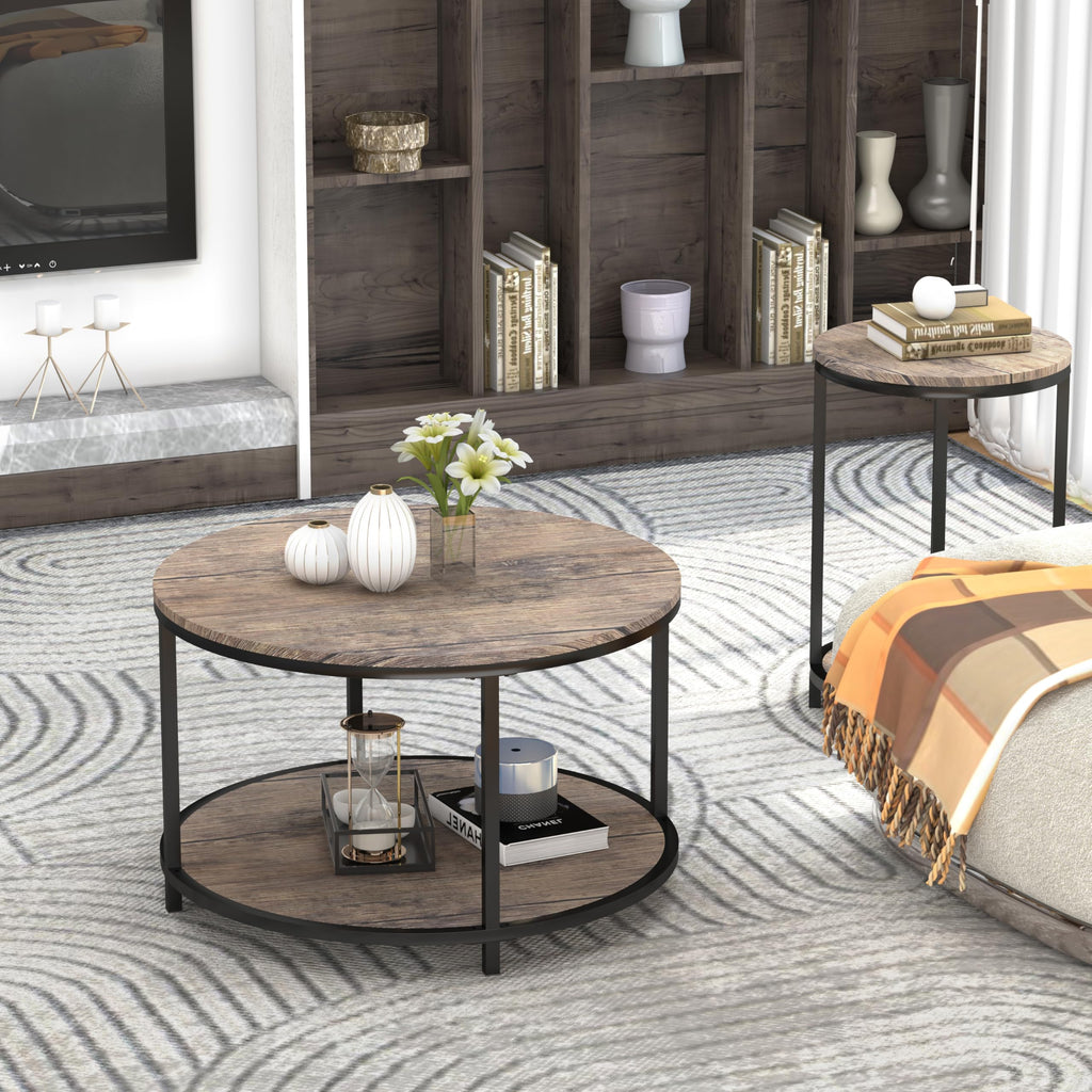 NSdirect Round Coffee Table,36" Coffee Table for Living Room,2-Tier Rustic Wood Desktop with Storage Shelf Modern Design Home Furniture(Light Walnut)