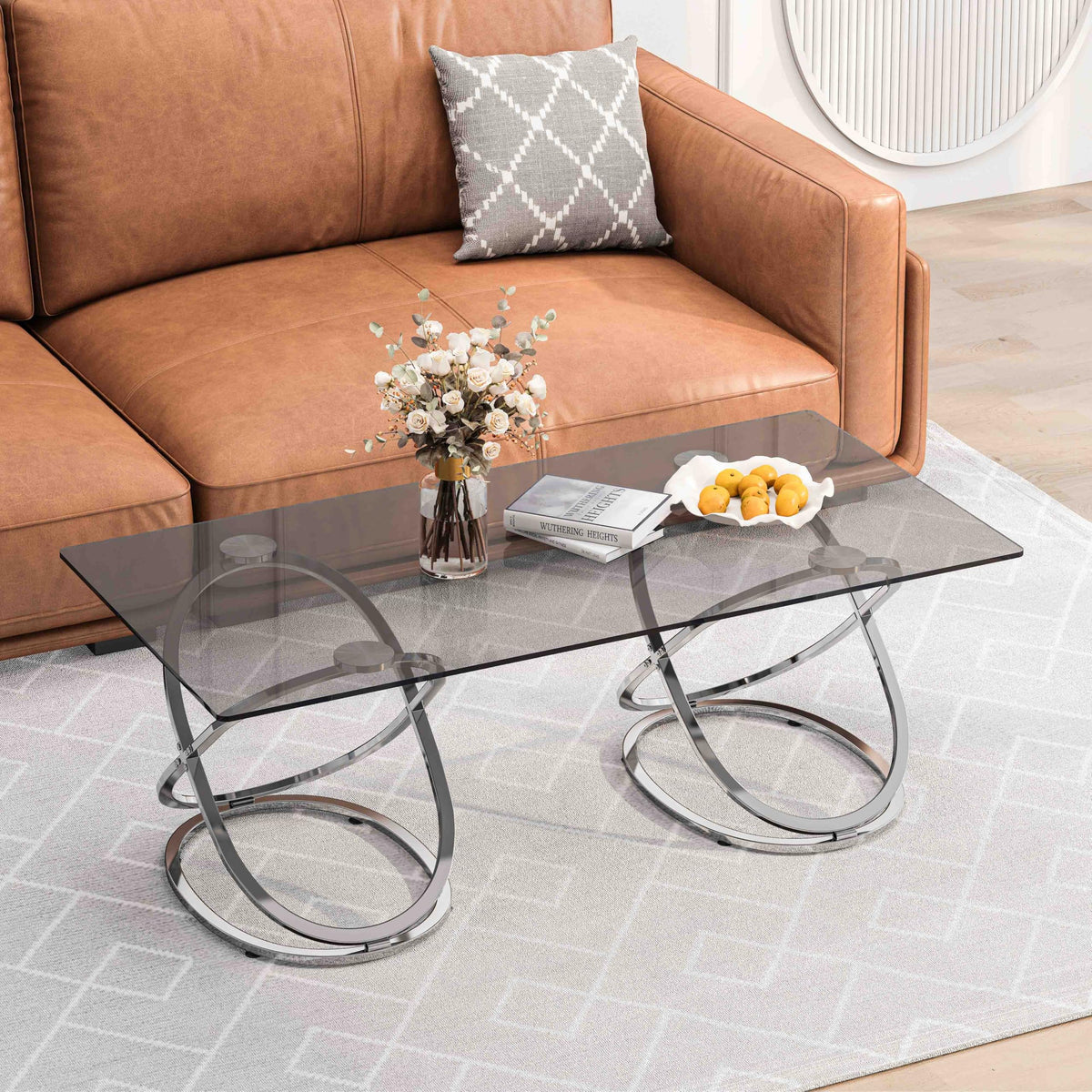 32" Tempered Glass Round Coffee Table Modern Chrome Frame Acrylic Legs Circle Living Room Center Tables