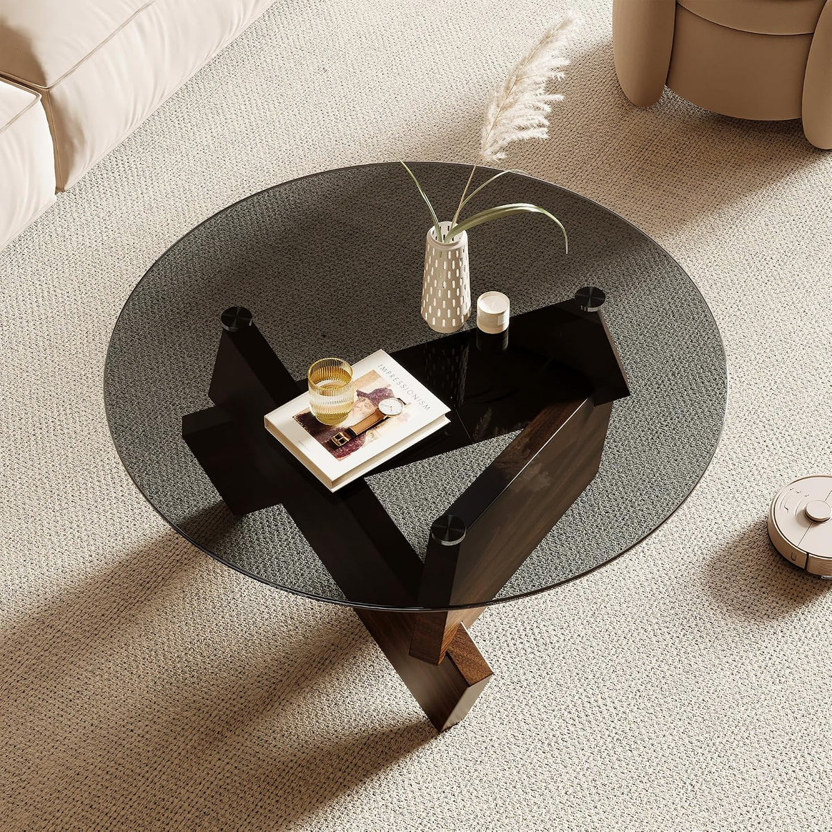Honyee Modern Round Coffee Table, 30.7" x 30.7" x 16.1" Tempered Glass Top for Living Room, Color: Walnut