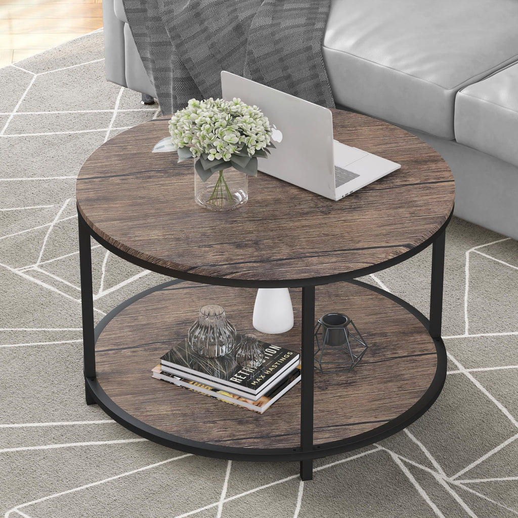 NSdirect Round Coffee Table,36" Coffee Table for Living Room,2-Tier Rustic Wood Desktop with Storage Shelf Modern Design Home Furniture(Light Walnut)