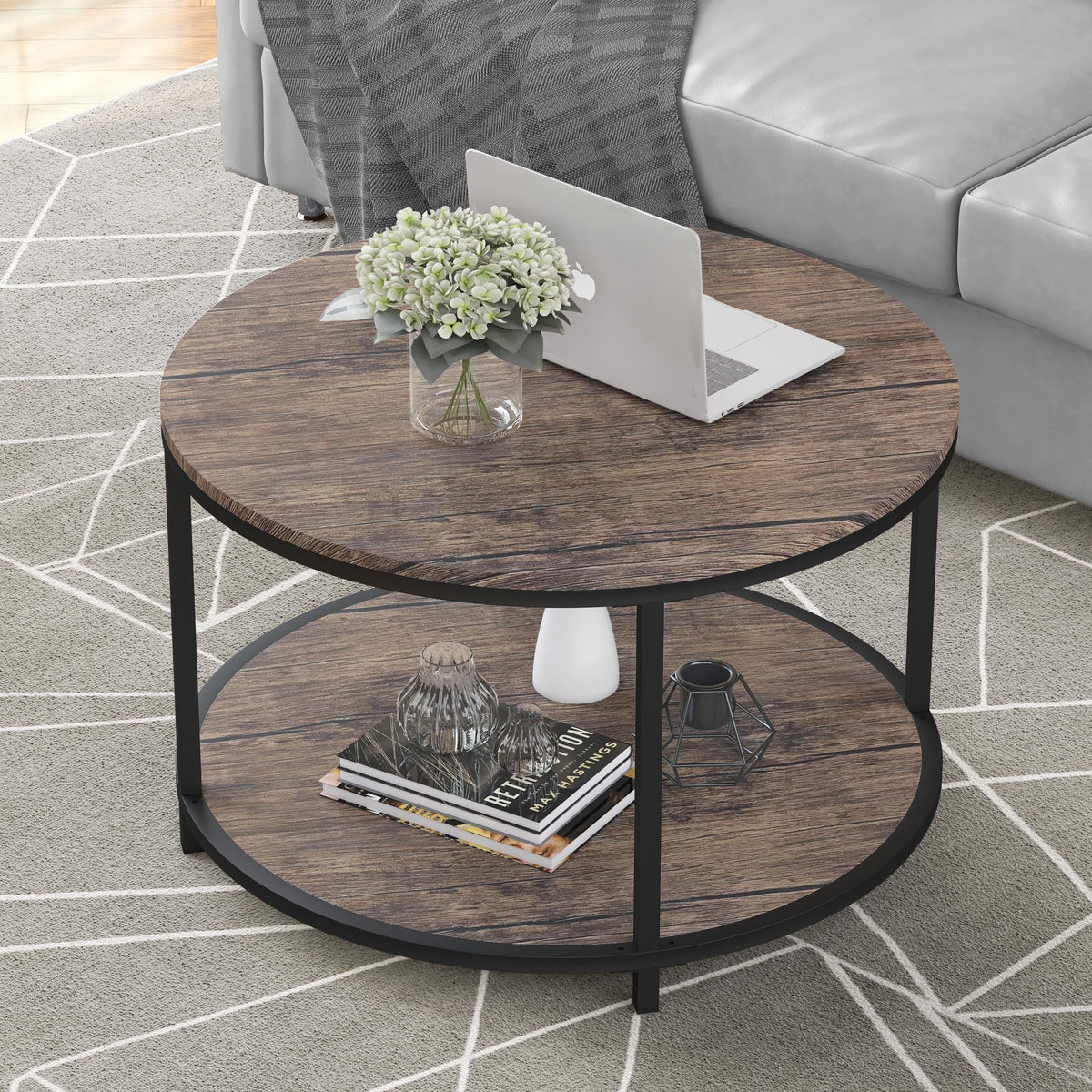 NSdirect Round Coffee Table,36" Coffee Table for Living Room,2-Tier Rustic Wood Desktop with Storage Shelf Modern Design Home Furniture(Light Walnut)