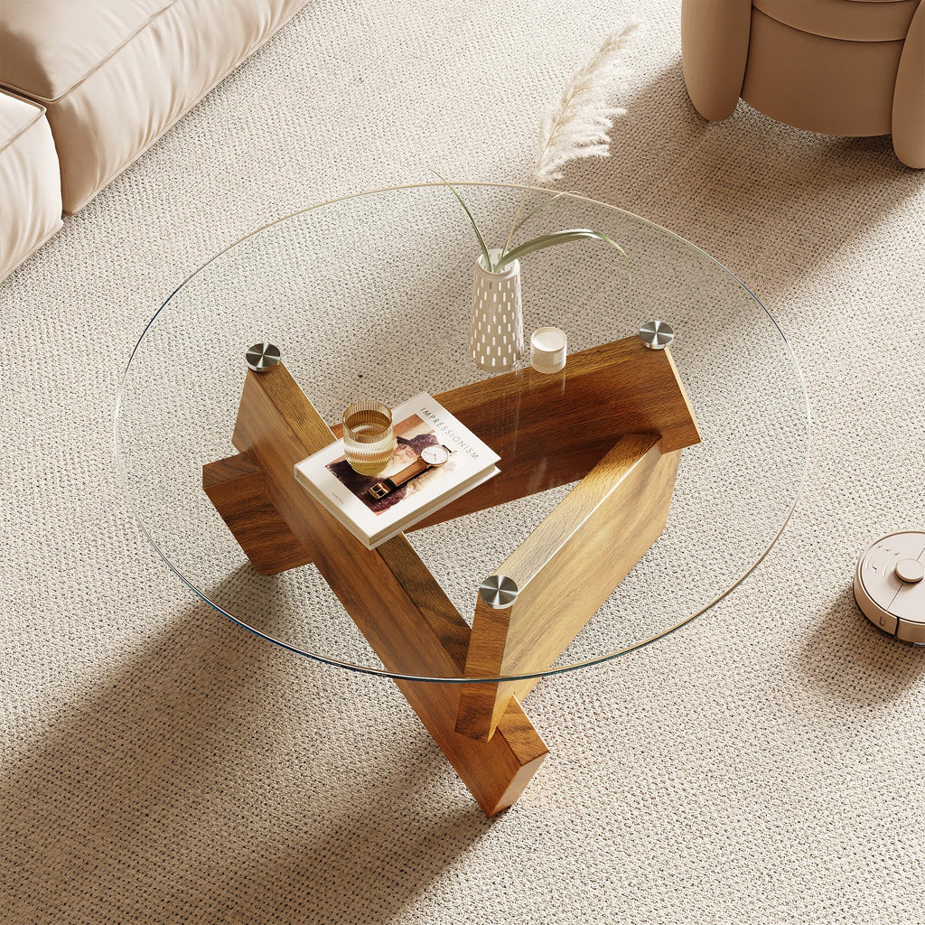 Honyee Modern Round Coffee Table, 30.7" x 30.7" x 16.1" Tempered Glass Top for Living Room, Color: Walnut