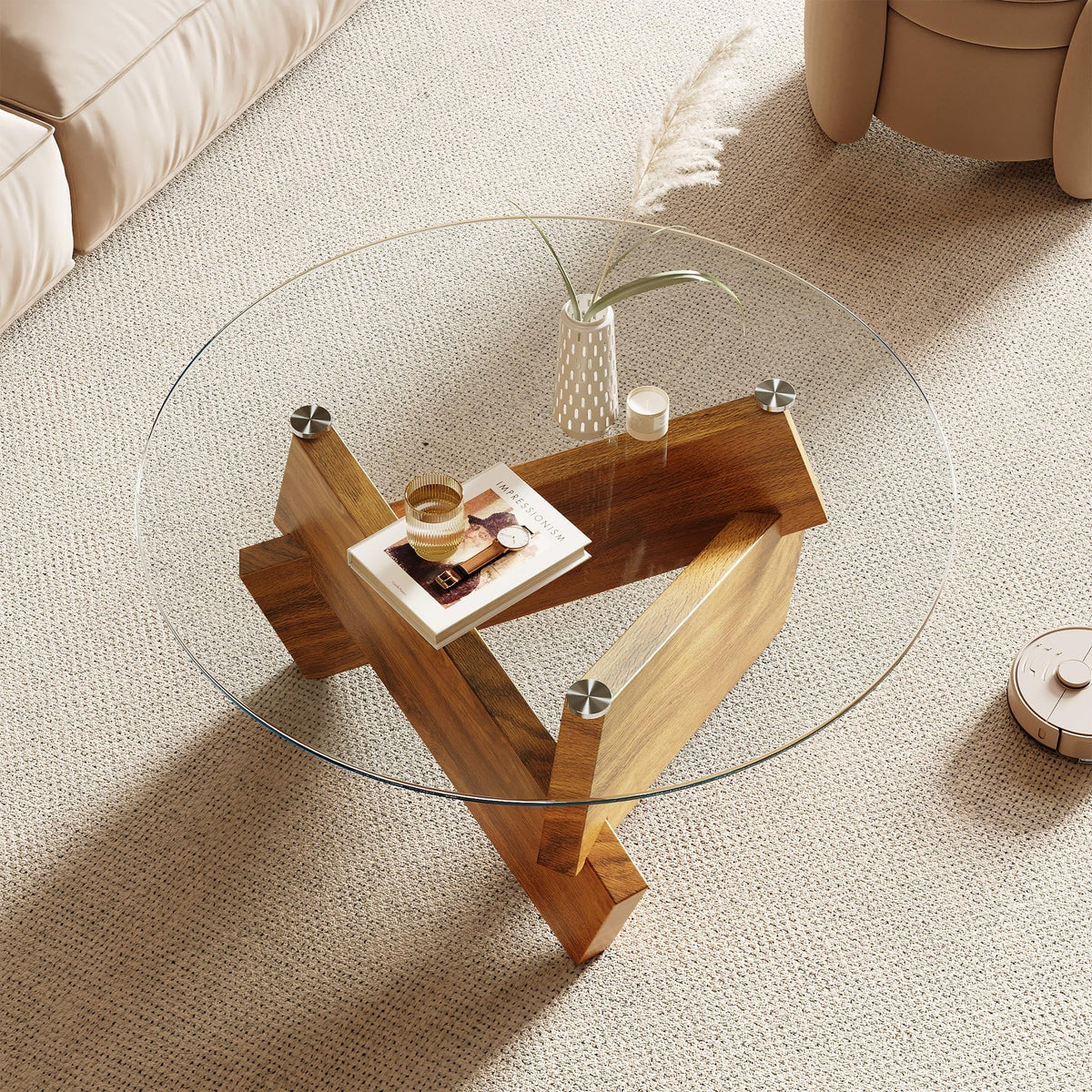 Honyee Modern Round Coffee Table, 30.7" x 30.7" x 16.1" Tempered Glass Top for Living Room, Color: Walnut