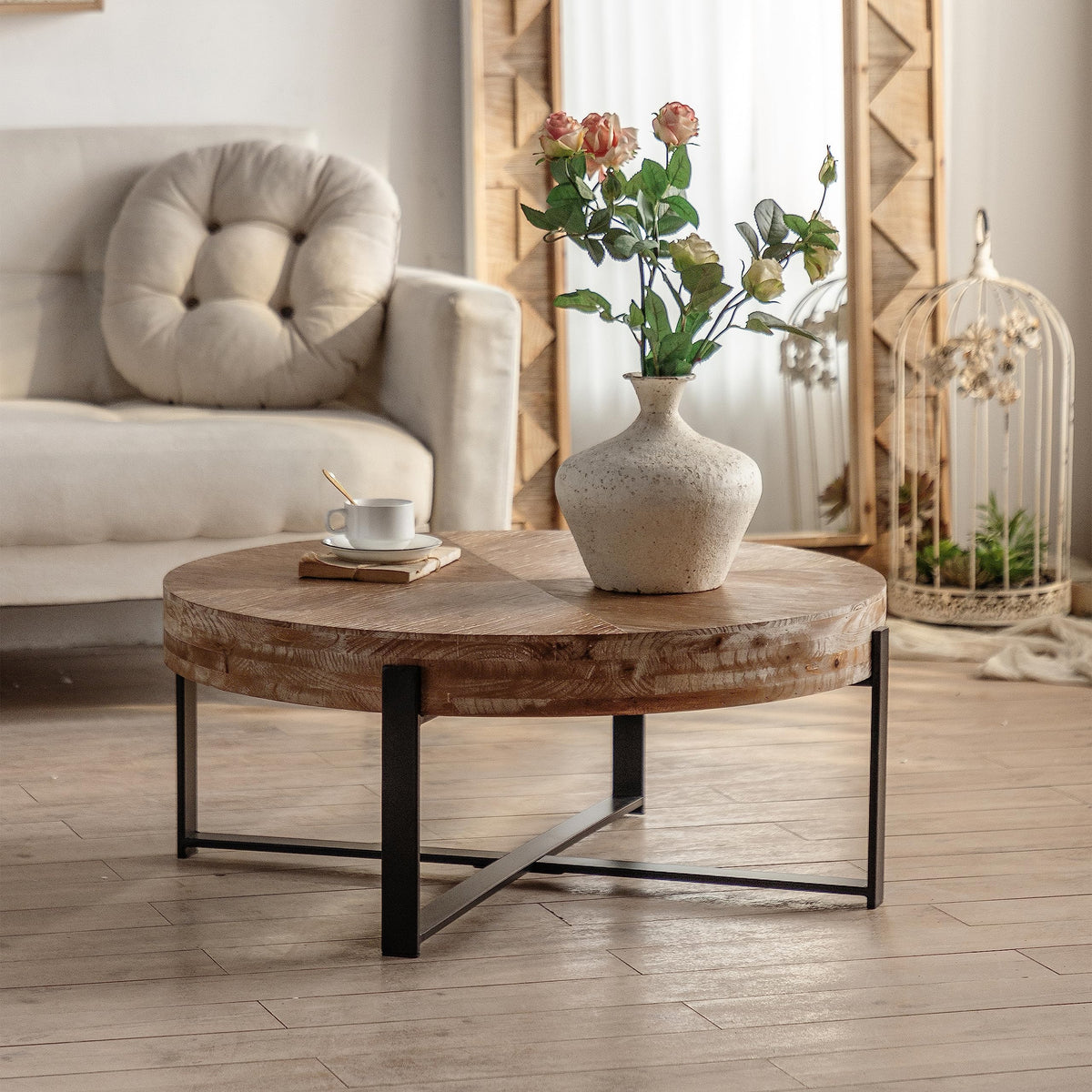 32" Tempered Glass Round Coffee Table Modern Chrome Frame Acrylic Legs Circle Living Room Center Tables
