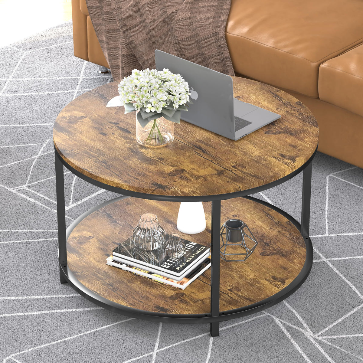 NSdirect Round Coffee Table,36" Coffee Table for Living Room,2-Tier Rustic Wood Desktop with Storage Shelf Modern Design Home Furniture(Light Walnut)